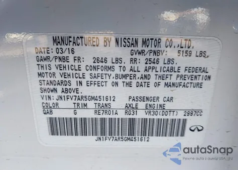 2016 Infiniti Q50 3.0T Red Sport 400 z USA, uszkodzony, nr VIN JN1FV7AR5GM451612